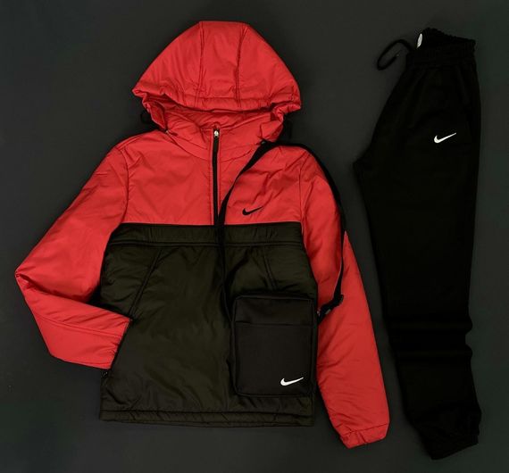 Комплект чоловічий Nike: анорак утеплений червоно-чорний + штани "President" чорні. Барсетка У Подарунок! | Зображення 1