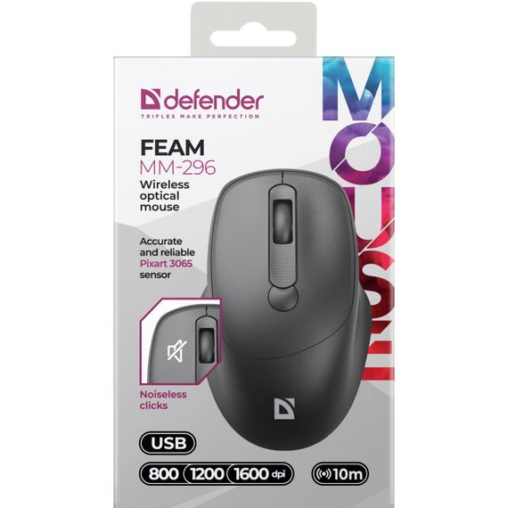Мишка Defender Feam MM-296, бездротова, 4кн. до 1600 dpi, безшумна, чорна | Зображення 2