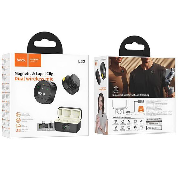 Петличный беспроводной микрофон Hoco L22 Bright 2in1 (Lightning/Type-C) Black | Зображення 5
