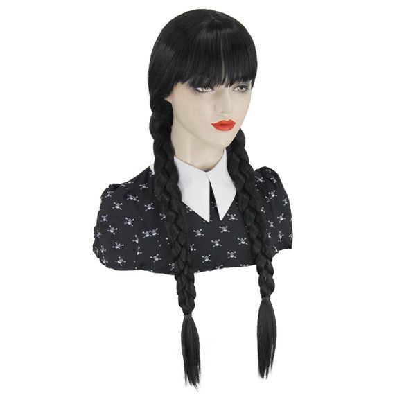 Перука чорна довга з чубчиком в стилі Венздей з косами, синтетичне термостійке волосся для косплею, зміни образу, карнавалу | Зображення 3