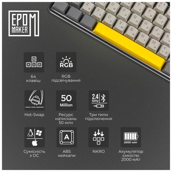 Клавіатура Epomaker EP64 60 Mulan Switch Hot-Swap RGB Wireless/Bluetooth/USB UA Black (EP64-B-M) | Зображення 9