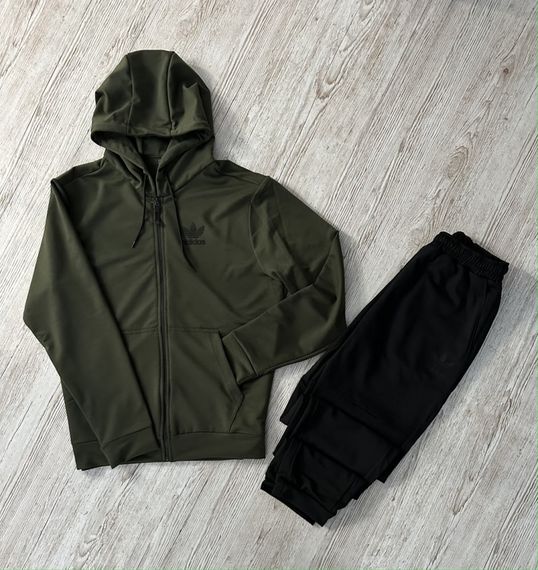 Комплект 3 в 1 Демісезонний спортивний костюм Adidas кофта на змійці хакі + чорні штани (двонитка) + Футболка хакі Adidas | Зображення 1