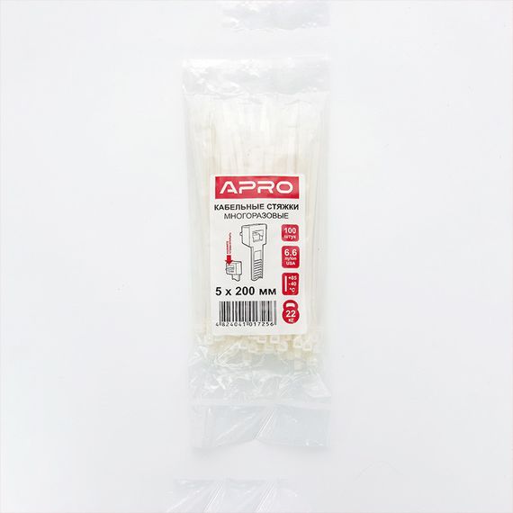 Кабельна стяжка багаторазова 5*200 мм біла (пач 100 шт.) APRO STM-W52001 | Зображення 5