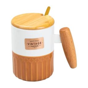 Чашка порцелянова з бамбуковою кришкою та ручкою 400 мл Коричнева HP7204BR