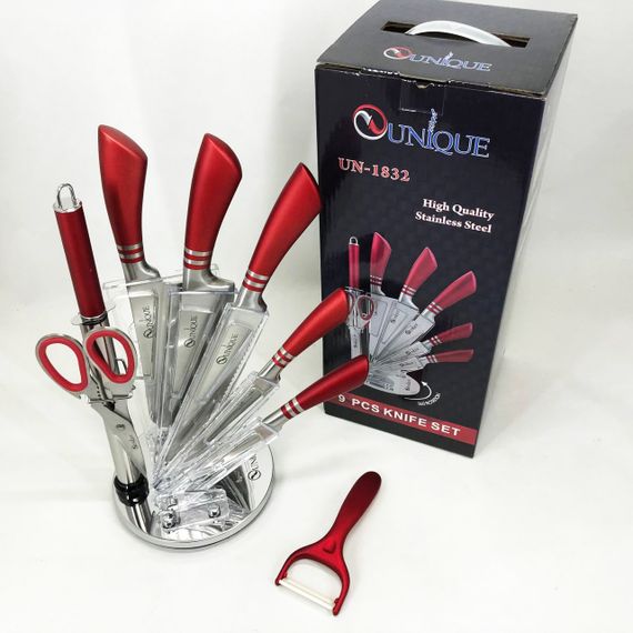 Набір ножів UNIQUE UN-1832 з підставкою 9 предметів овочечистка точилка ножиці Нержавіюча сталь | Зображення 9