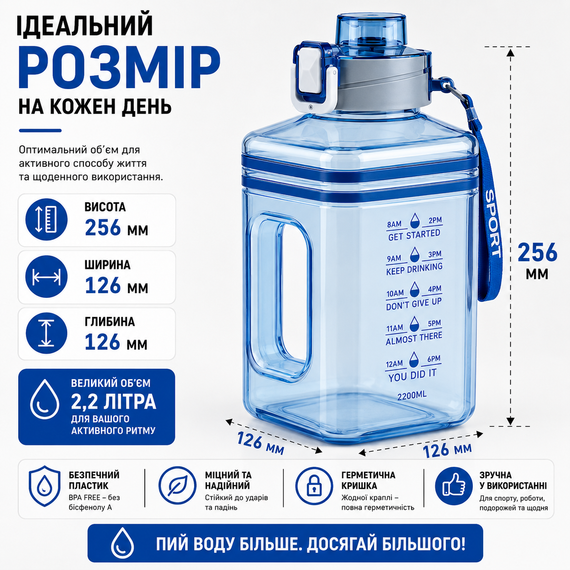 Спортивная Бутылка 2200 мл (Gallon) из голубого прозрачного и безопасного пластика (BPA Free) | Зображення 2