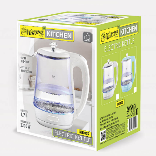 Електрочайник 1,7л 1850-2200W скло (диск) блакитний MR-052-BLUE Maestro | Зображення 2