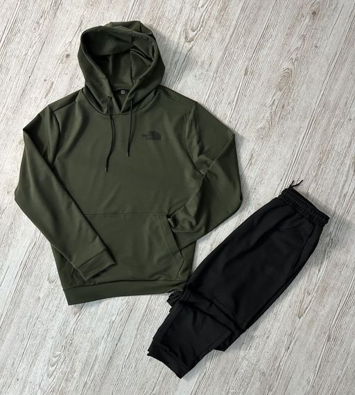 Комплект 3 в 1 Демісезонний спортивний костюм TNF худі хакі + чорні штани (двонитка) + Футболка чорна TNF | Зображення 1