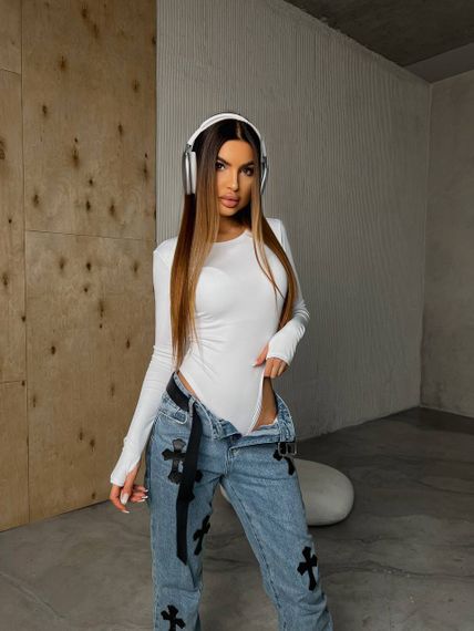 Женское однотонное боди с длинными рукавами микродайвинг EL618 цвет белый, размер 42/46 | Зображення 3