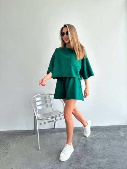 Женский летний костюм шорты и футболка оверсайз LU201 цвет зеленый, размер onesize S-XL | Зображення 4