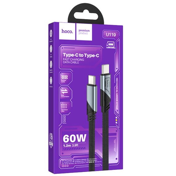 Дата кабель Hoco U119 Machine charging data Type-C to Type-C 60W (1.2m) Black | Зображення 4