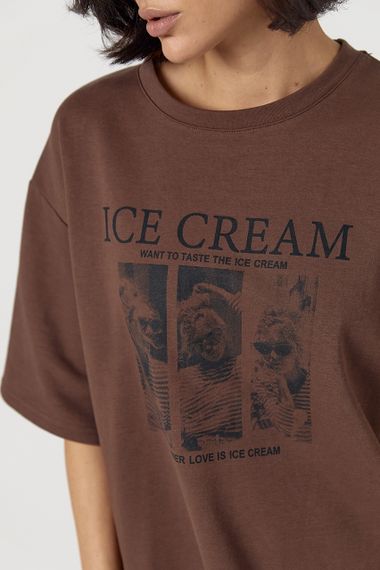Бавовняна футболка вільного крою з написом Ice Cream - коричневий цвет, ONE SIZE (є розміри) | Зображення 3