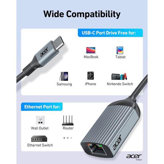 Адаптер Acer USB C - Ethernet, преобразователь RJ45 - Type C Ethernet (совместим с Thunderbolt 3/4), алюминиев | Зображення 3