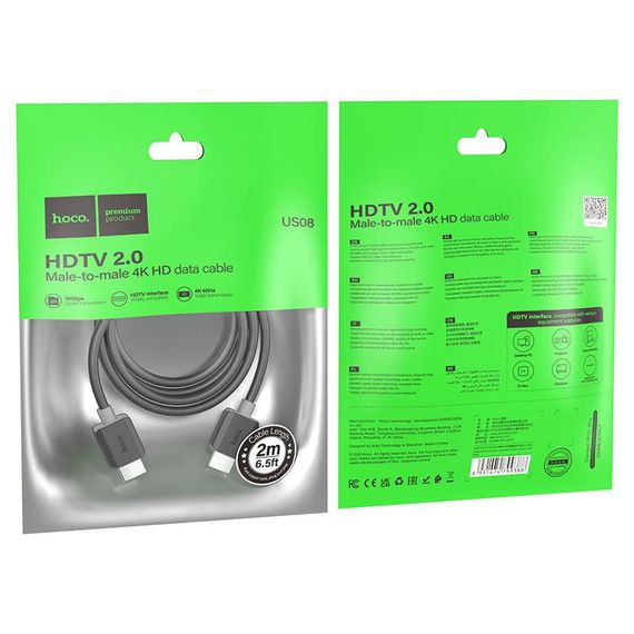 Кабель HOCO HDMI-HDMI 4Kx2K Ultra HD, 2m, v2,0, круглий Black, конектор Black, Blister | Зображення 4