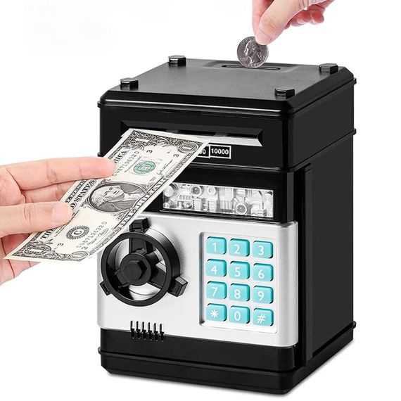 Электронная копилка-сейф с кодовым замком и купюроприемником, Черная / Детский банкомат для бумажных денег и