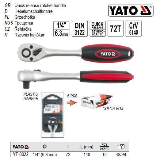 Ключ трещотка M=1/4" L=146 мм YATO YT-0322