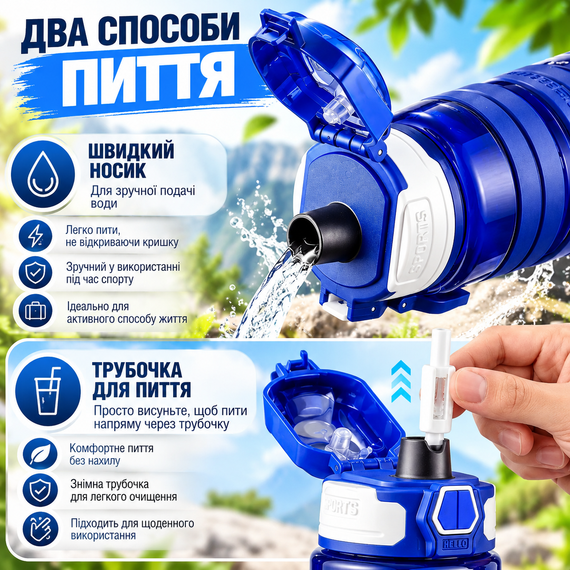 Спортивная бутылка KANGZYUAN 500 мл - Синяя Tritan BPA-free, ударопрочная бутылка для воды с трубочкой и ремешком | Зображення 8