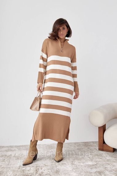 В'язане плаття oversize в смужку колір кавовий розмір S FL_000893