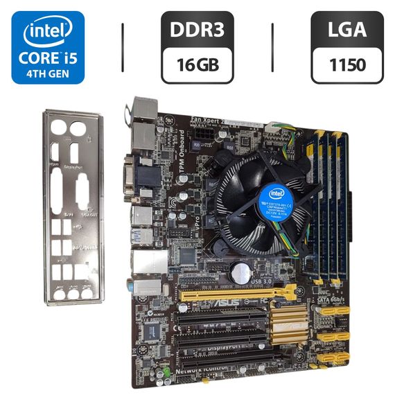 Комплект: материнська плата Asus Q87M-E / Intel Core i5-4570 (4 ядра по 3.2 - 3.6 GHz) / 16 GB DDR3 / Intel HD Graphics 4600 / Socket LGA1150 / Кулер BOX б/в