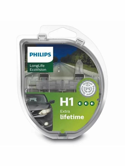 Комплект галогеновых ламп PHILIPS 12258LLECOS2 H1 55W 12V P14,5s LongLife EcoVision | Зображення 1