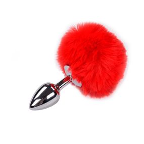 Металева анальна пробка Кролячий хвостик Alive Fluffy Plug S, Червоний