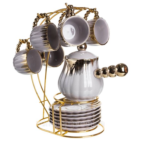 Кавовий сервіз на підставці з туркою 450 (мл) 6 чашок по 90 (мл) подарунковий набір чашок на підставці Сірий із золотом FM-JJ-4 | Зображення 6