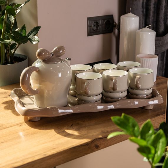 Чайный сервиз на 6 персон с фарфоровой подставкой, серый HP-15-28 | Зображення 6
