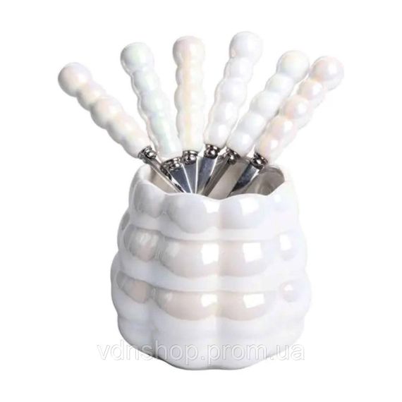 Набір десертних виделок і ложок на 3 персони з підставкою з порцелянау 7 предметів Перламутровий HP-20-62 | Зображення 2