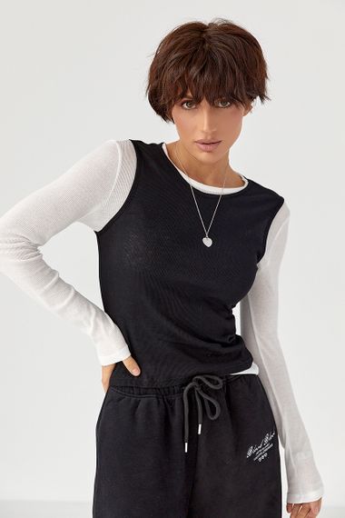 Двошаровий лонгслів у рубчик з імітацією жилетки - чорний цвет, M (є розміри) | Зображення 4