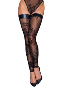 Панчохи без миска Noir Handmade F243 Tulle stockings with patterned flock embroidery, L