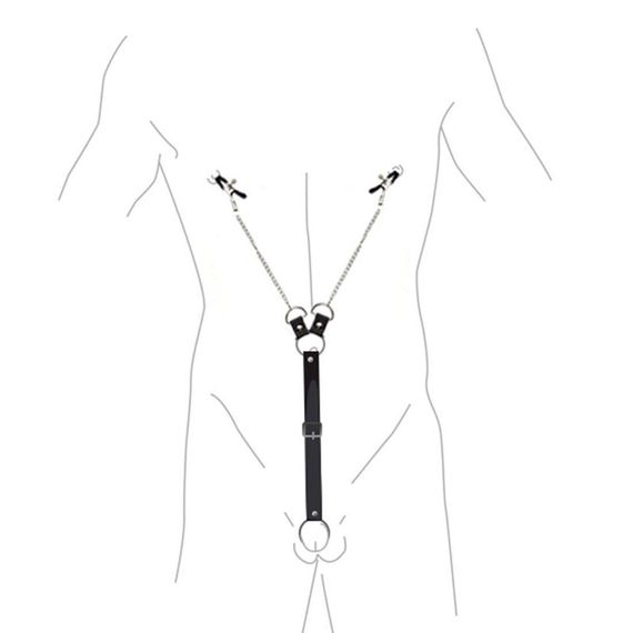 Зажимы для сосков с фиксацией на мошонке Nipple Clamps for Men, Эко кожа | Зображення 2