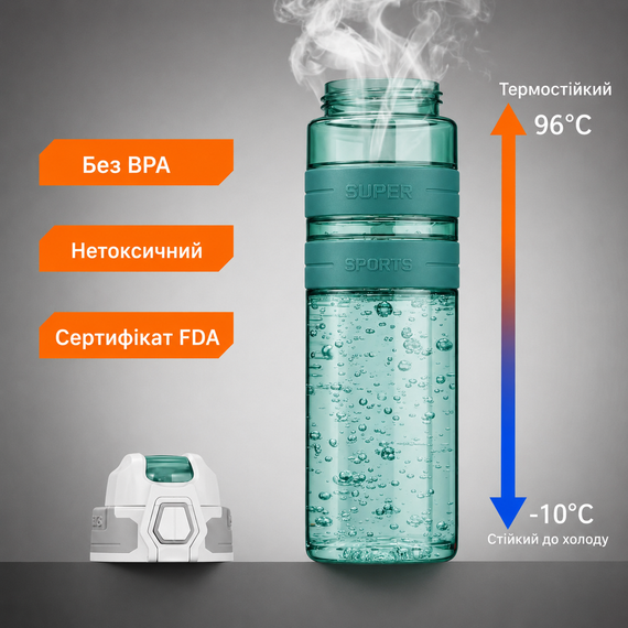 Спортивная бутылка KANGZYUAN 500 мл - Зеленая Tritan BPA-free, ударопрочная эко-бутылка с трубочкой и ремешком | Зображення 4