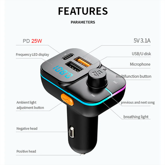 Автомобильный FM ФМ модулятор Terra С24, Bluetooth 5.0, трансмиттер, USB 3.1А, Type C | Зображення 5