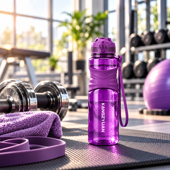 Бутылка для воды KANGZYUAN 450 мл фиолетовая спортивная из тритана Tritan BPA Free ударопрочная с кнопкой и ремешком | Зображення 1