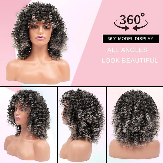 Парик кудрявый афро серый седой омбре с челкой женский, короткий синтетический термостойкий, волосы Хелловиин | Зображення 1