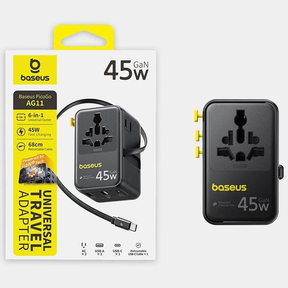Мережевий універсальний перехідник Baseus AG11 45W with retractable cable (2USB-A/1C/1Socket) (E0307F) Cosmic Black | Зображення 4