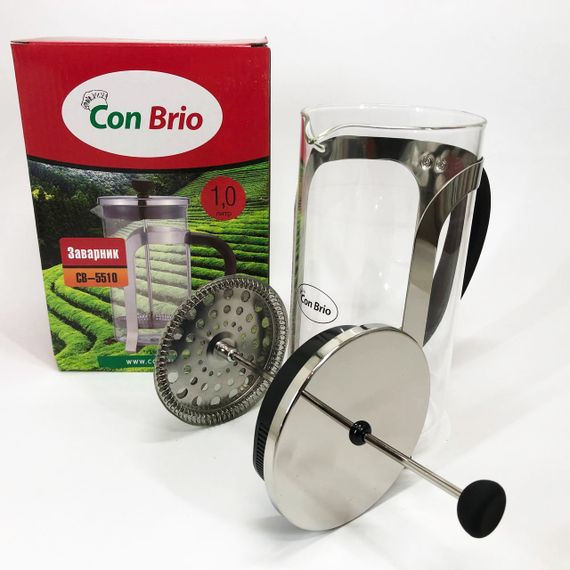Френч-прес Con Brio 1000 мл скло нержавіюча сталь CB-5510, Чайник для заварювання трав, Заварник прозорий | Зображення 4