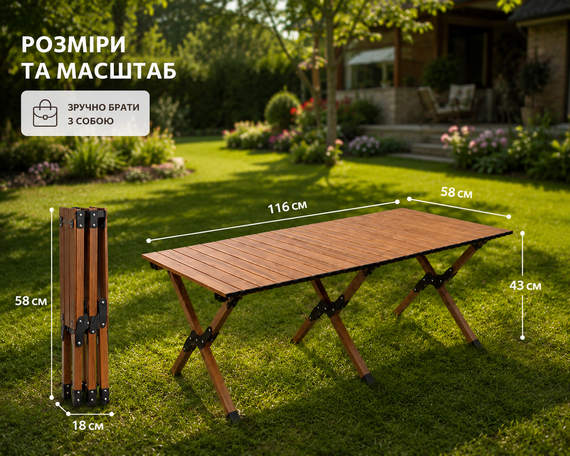 Стіл складаний туристичний 116х58х43см Коричневий / Стіл для пікніка, кемпінгу з чохлом | Зображення 3