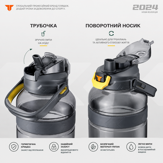 Спортивная бутылка TKK (2000 мл) - Полупрозрачный серый Tritan BPA-free, с мощной ручкой и кнопкой-фиксатором | Зображення 2