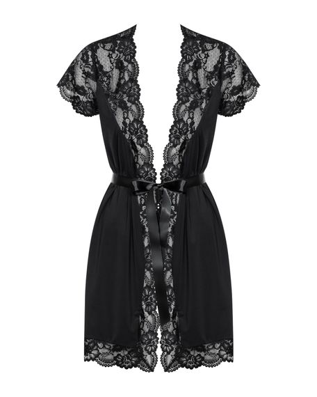 Сатиновий відкритий пеньюар на поясі Obsessive 810-PEI–1 peignoir black, чорний, 2XL/3XL | Зображення 4