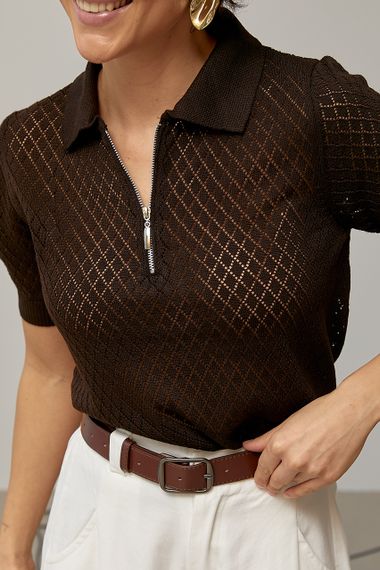 В'язане ажурне поло в ромби - темно-коричневий цвет, ONE SIZE (є розміри) | Зображення 3