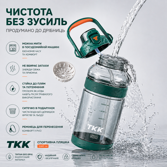 Спортивна пляшка TKK 2000 мл, Tritan (BPA-free), зелена. Ударопрочная бутылка с трубочкой и ремешком для фитнеса и тренировок | Зображення 3