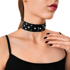 Ошейник из натуральной кожи с заклепками и стразами Art of Sex - Jenna Collar, Черный Sex Aura