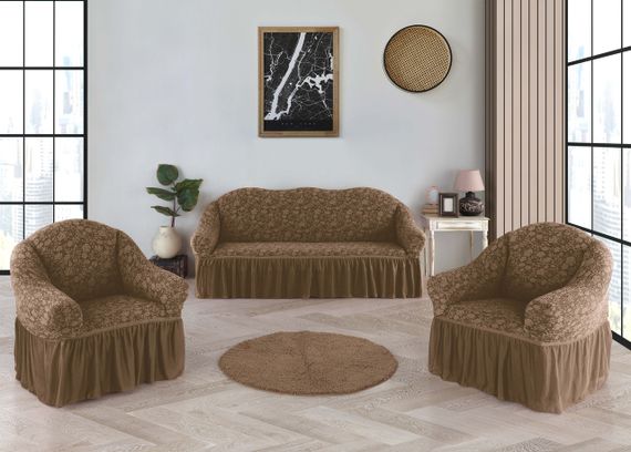 Жаккардовый чехол на диван + 2 кресла Roza с юбкой Бежевый