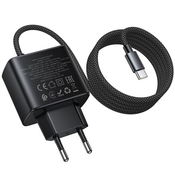 МЗП Hoco C164A New PD30W+QC3.0 (1USB-A/1C) + встроенный кабель Type-C Black | Зображення 2
