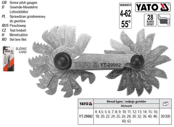 Набір різьбомір WHITWORTH 55° 28 шаблон 4-62 YATO YT-29982 | Зображення 5