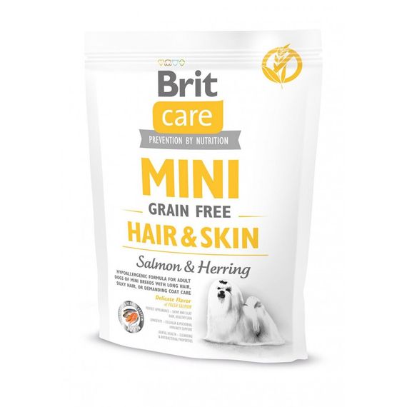 Корм сухий Brit Care Grain Free Mini Hair Skin для собак мніатюрних порід для шкіри та шерсті з лососем та оселедцем 400 г