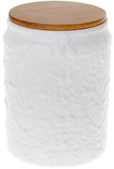 Банка Ceram-Bamboo для сипучих продуктів 1.1л, біла матова кераміка з бамбуковою кришкою