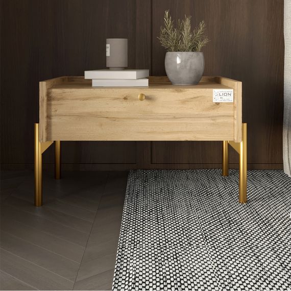 Тумба приліжкова LION Wood з однією шухлядою Дуб Аппалачі (золоті ножки) (LION-041314)