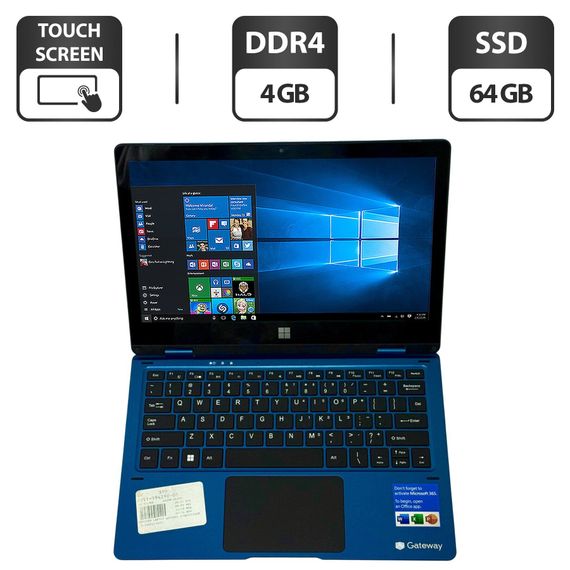 Нетбук Б-клас Gateway GWTC116-2BL / 11.6" (1366x768) TN Touch / Intel Celeron N4020 (2 ядра по 1.1 - 2.8 GHz) / 4 GB DDR4 / 64 GB SSD / Intel UHD Graphics 600 / WebCam / Windows 10 Pro б/в